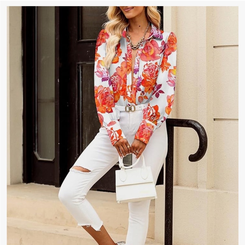 Button-Front Floral Blouse in White with Orange-Pink-Red Blooms
